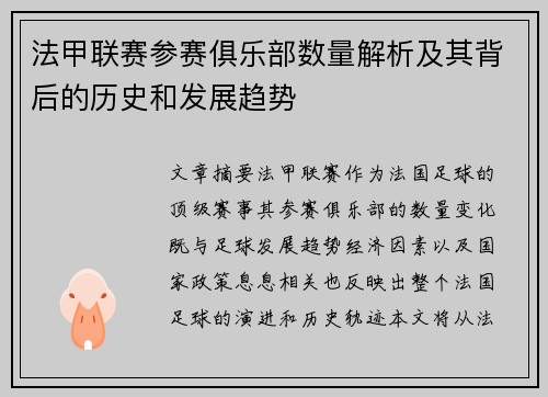 法甲联赛参赛俱乐部数量解析及其背后的历史和发展趋势