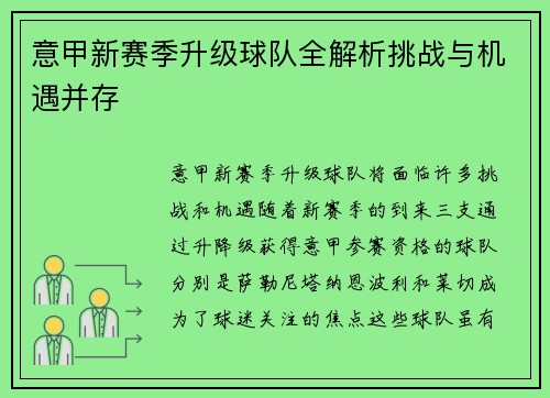 意甲新赛季升级球队全解析挑战与机遇并存