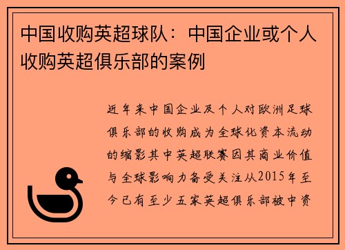 中国收购英超球队：中国企业或个人收购英超俱乐部的案例