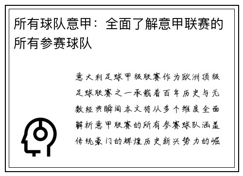所有球队意甲：全面了解意甲联赛的所有参赛球队