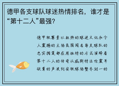 德甲各支球队球迷热情排名，谁才是“第十二人”最强？
